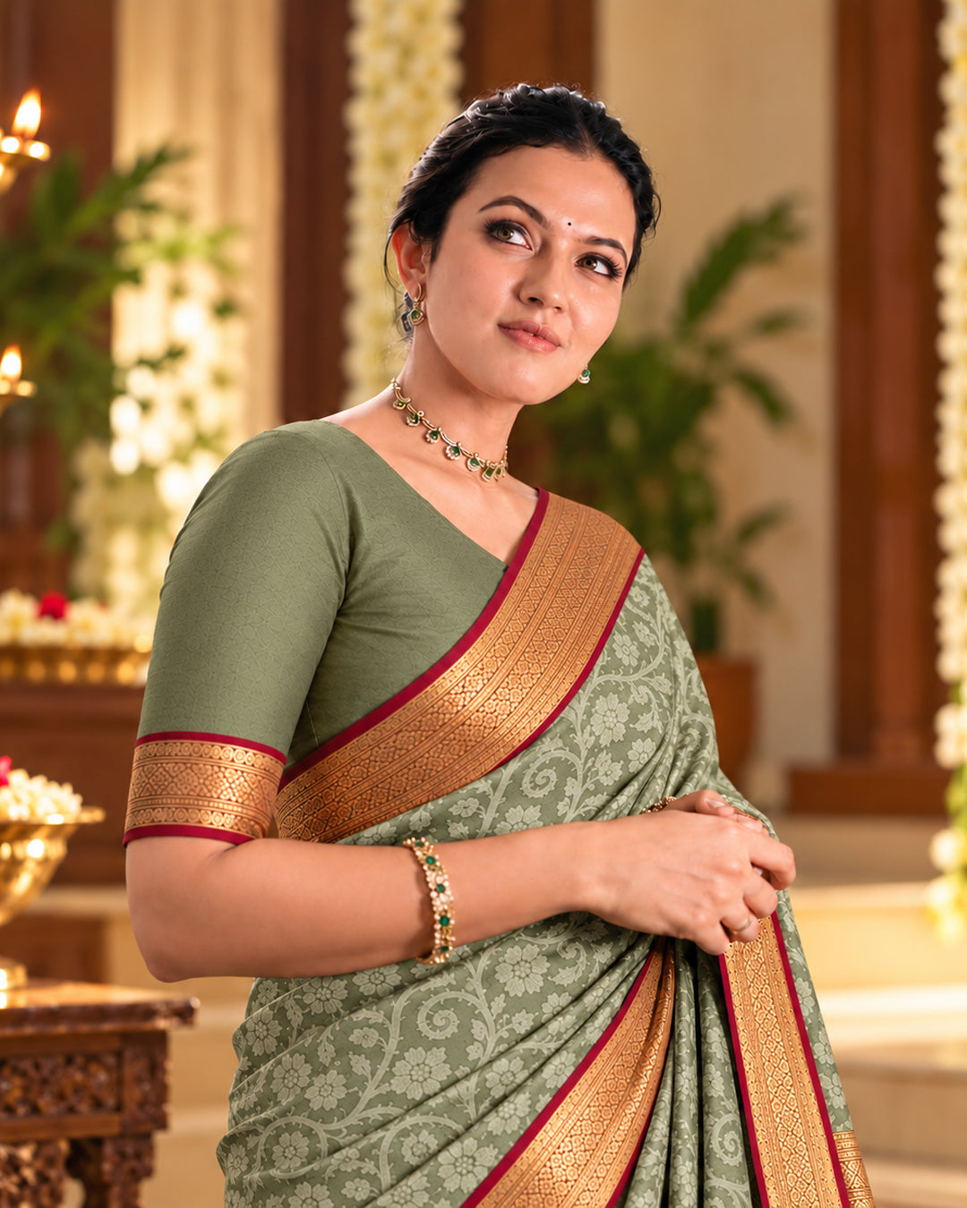 Sage Green Kanjivaram Silk Saree with All-Over Arabesque Floral Vines
