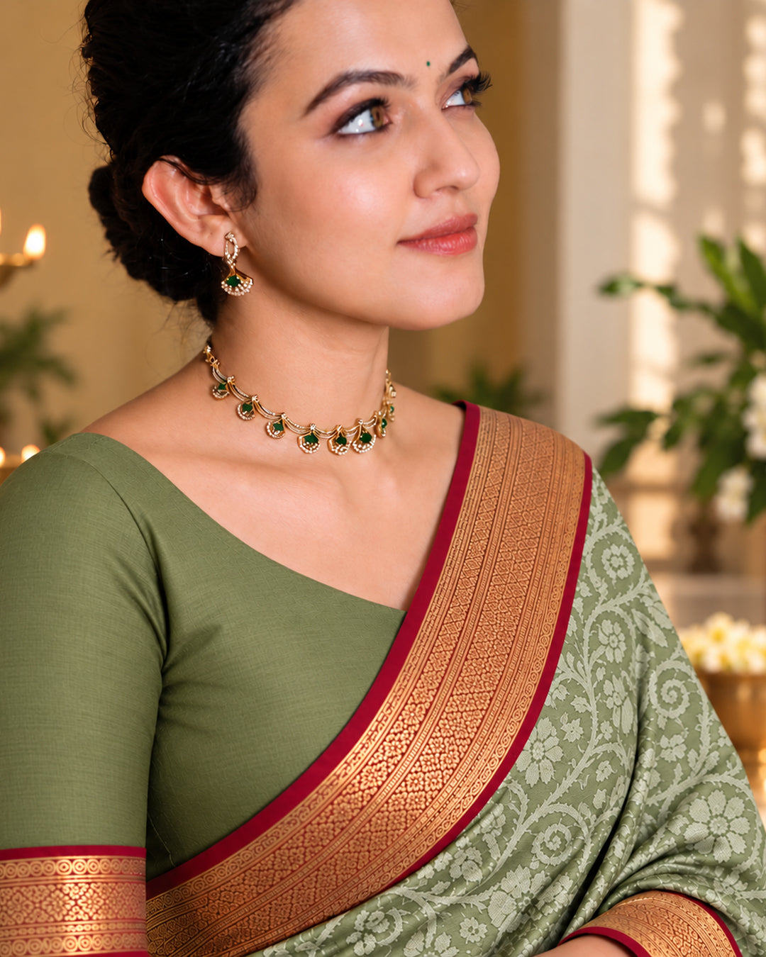 Sage Green Kanjivaram Silk Saree with All-Over Arabesque Floral Vines