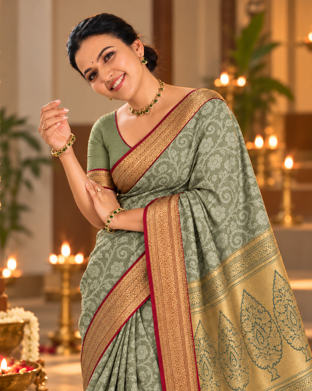 Sage Green Kanjivaram Silk Saree with All-Over Arabesque Floral Vines