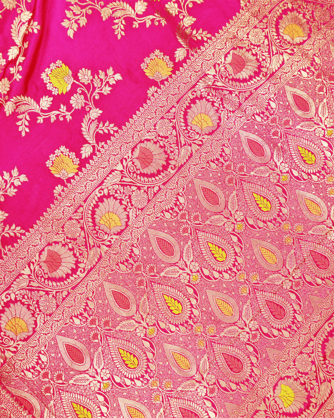Rani Pink Banarasi Silk Saree with Intricate Floral Meenakari Vines Weaves
