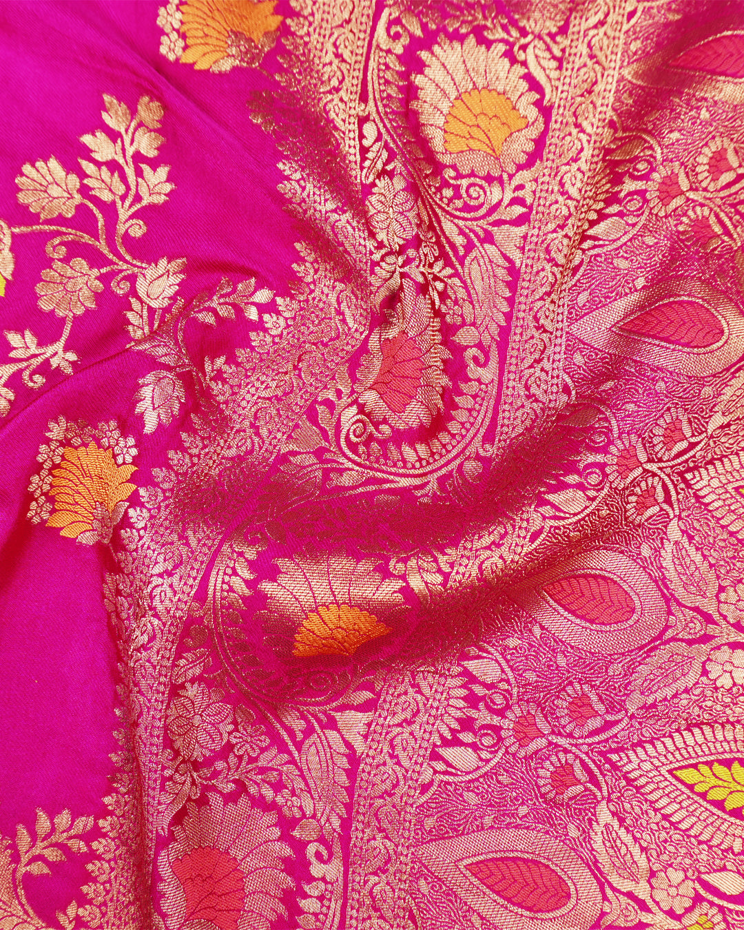 Rani Pink Banarasi Silk Saree with Intricate Floral Meenakari Vines Weaves