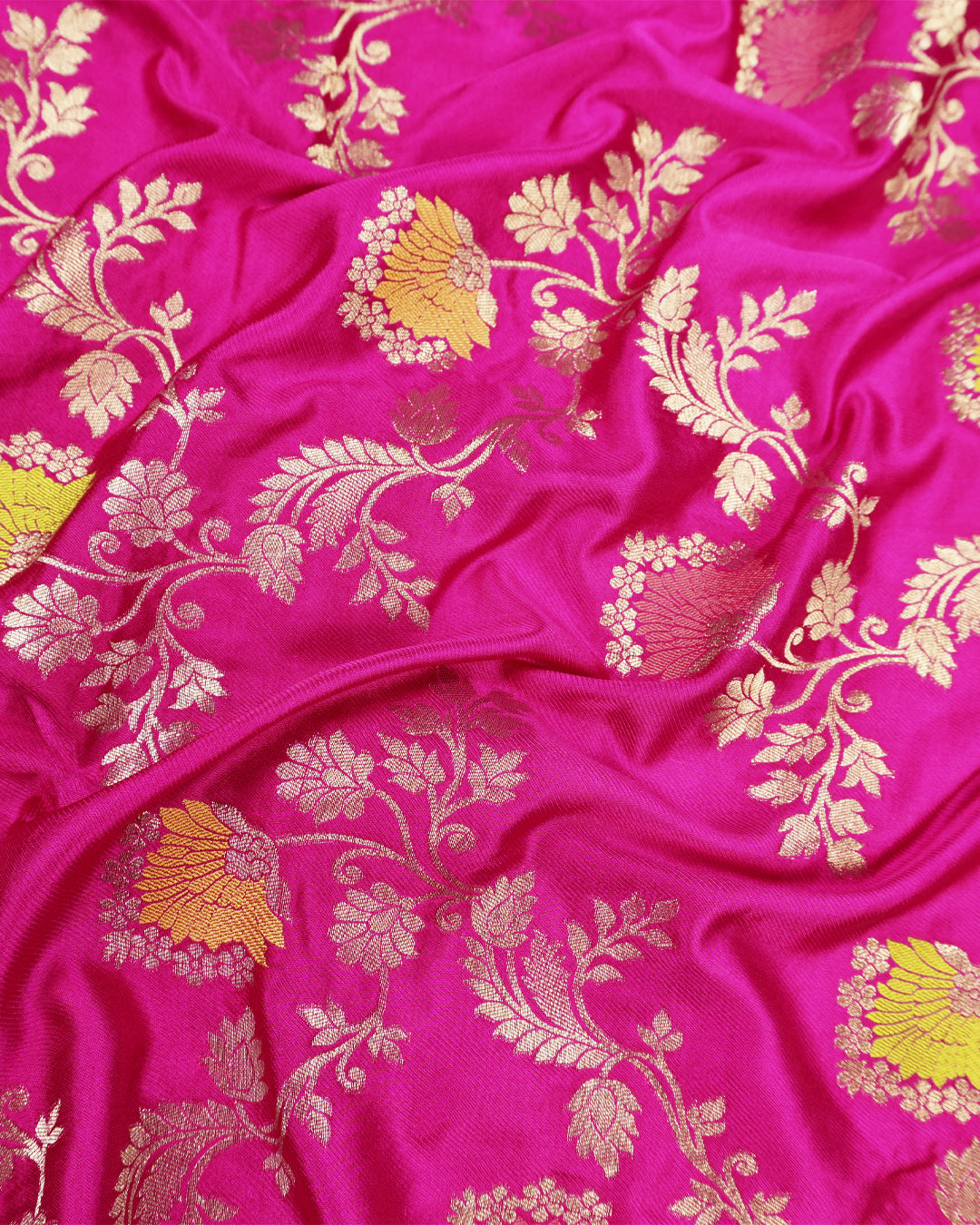 Rani Pink Banarasi Silk Saree with Intricate Floral Meenakari Vines Weaves
