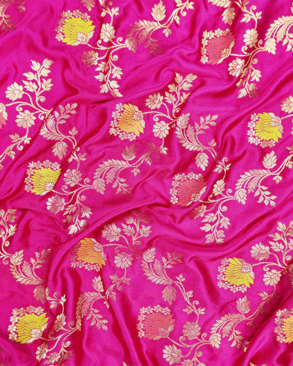 Rani Pink Banarasi Silk Saree with Intricate Floral Meenakari Vines Weaves