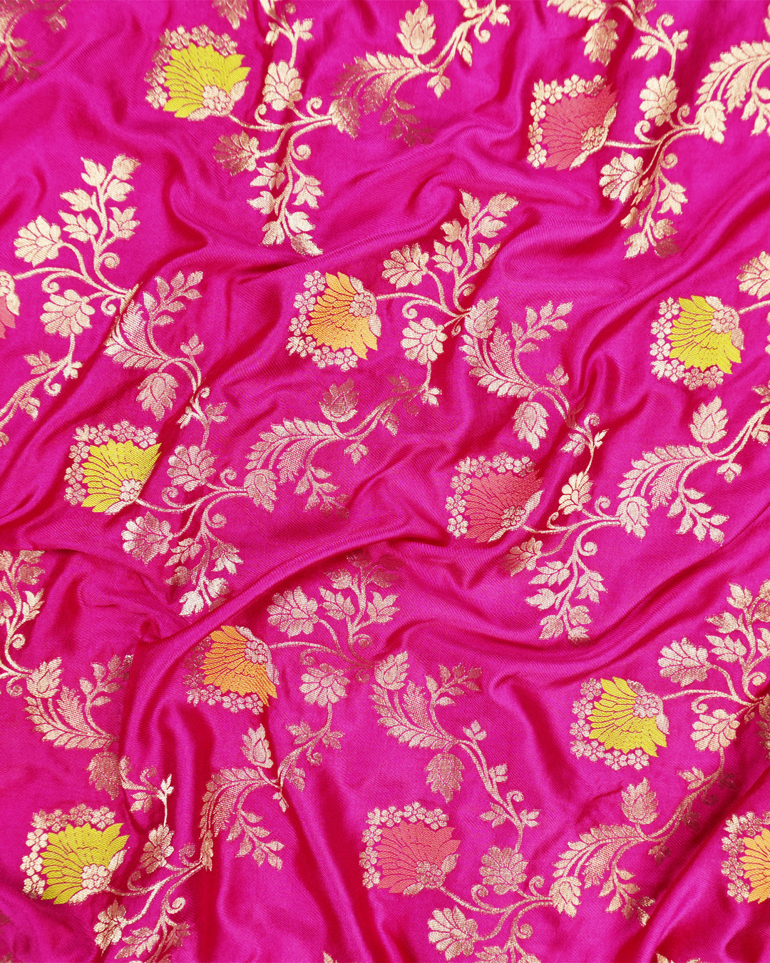Rani Pink Banarasi Silk Saree with Intricate Floral Meenakari Vines Weaves