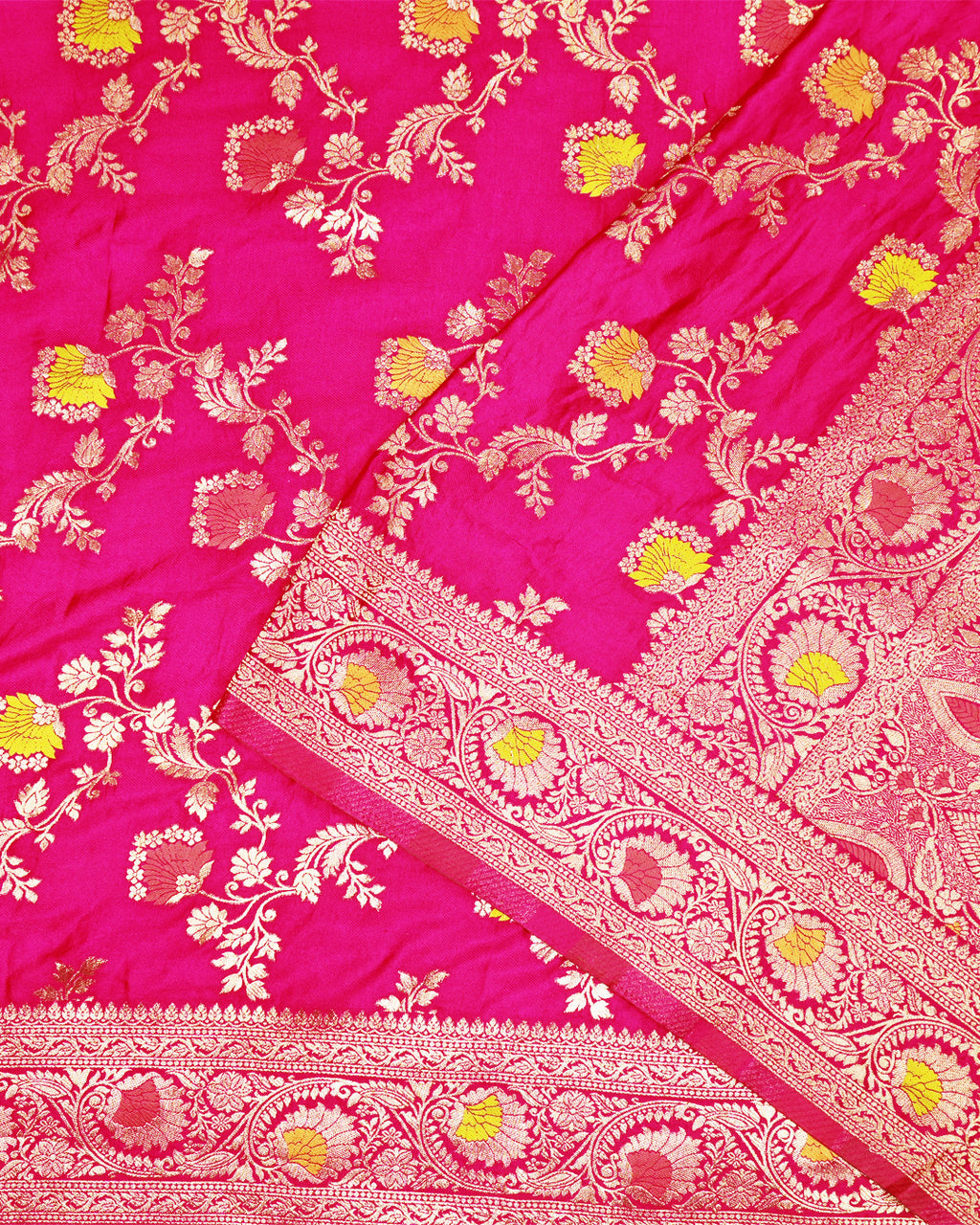 Rani Pink Banarasi Silk Saree with Intricate Floral Meenakari Vines Weaves