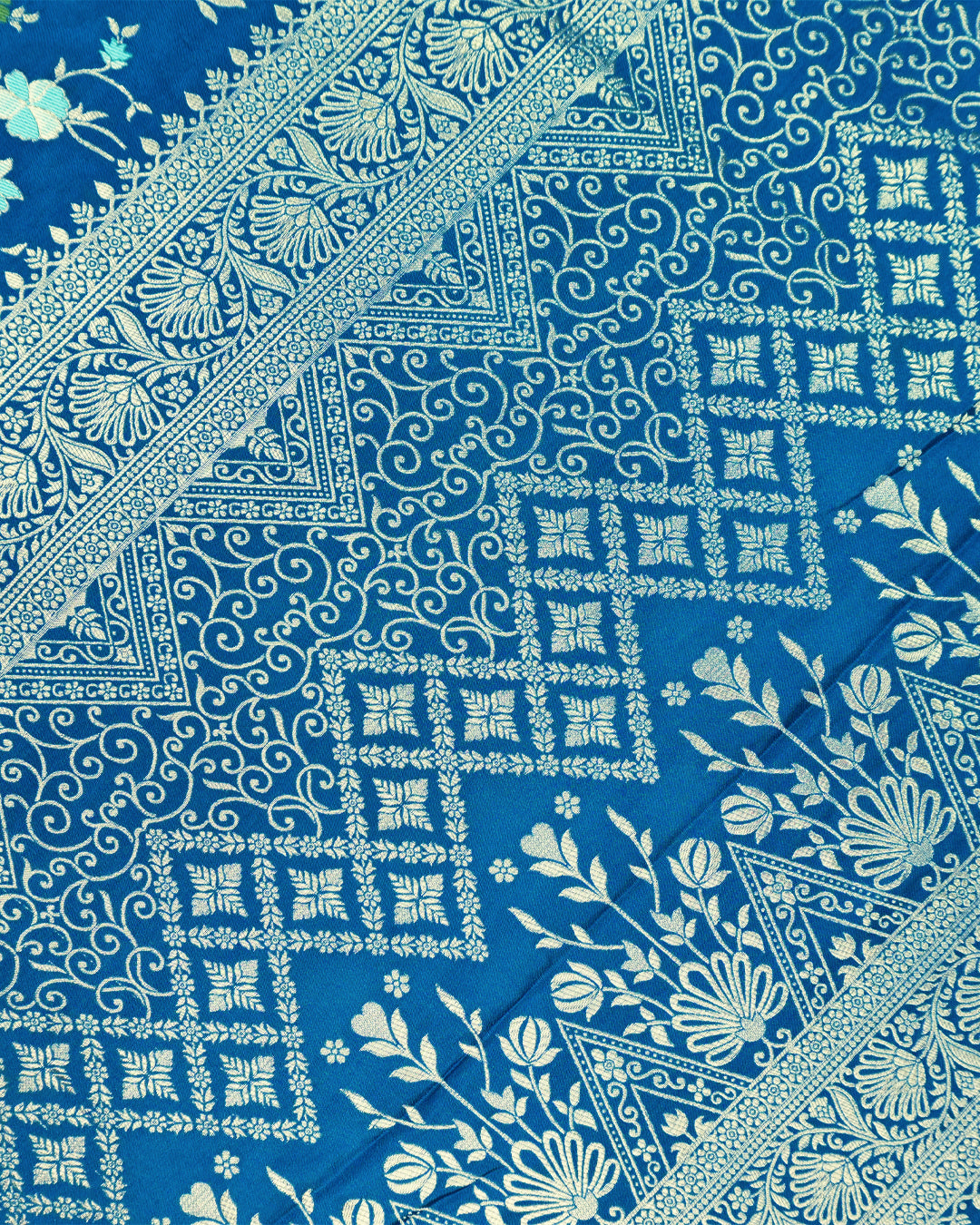 Peacock Blue Banarasi Silk Saree with Floral Vine Jaal with Vibrant Meenakari Weaves