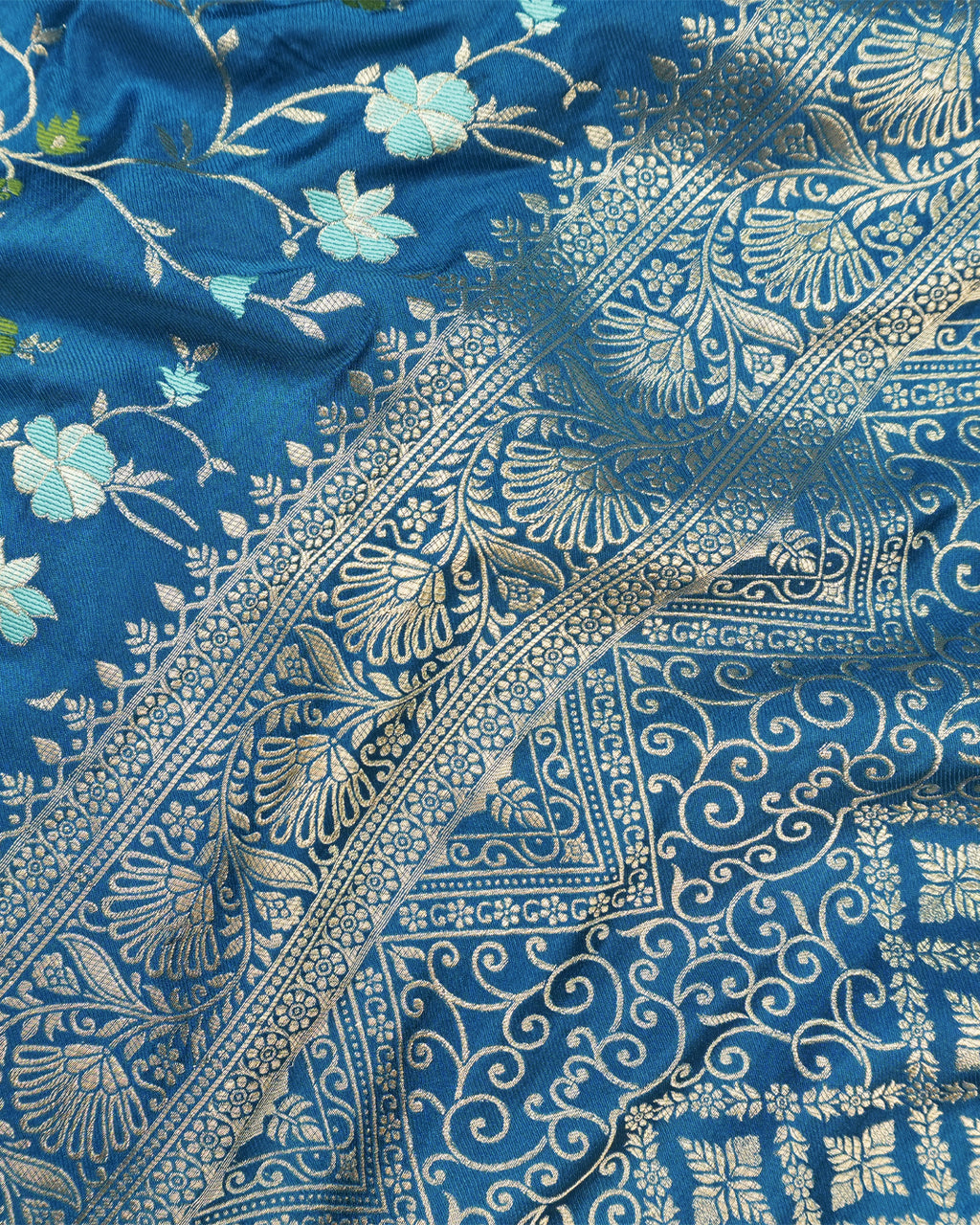 Peacock Blue Banarasi Silk Saree with Floral Vine Jaal with Vibrant Meenakari Weaves
