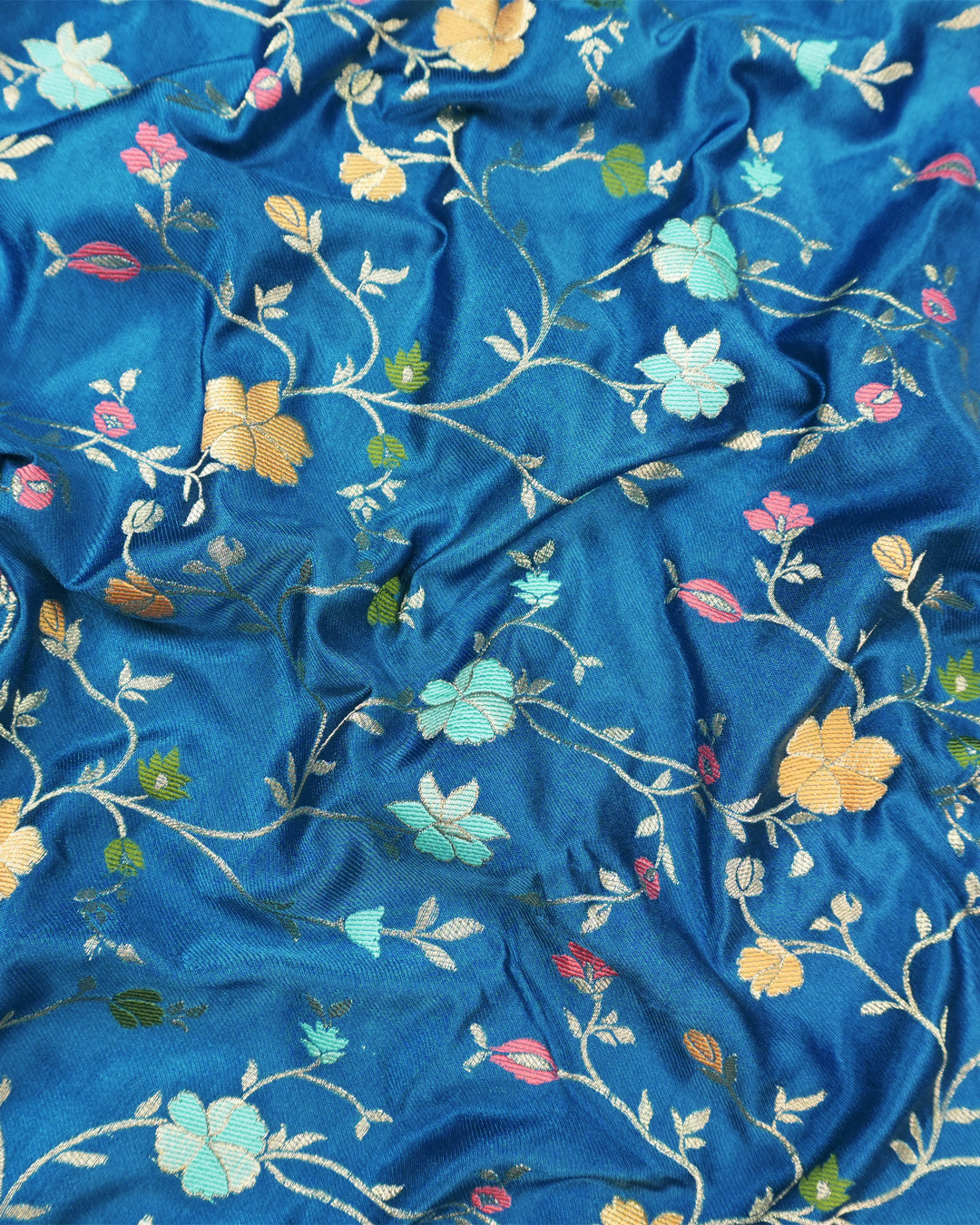 Peacock Blue Banarasi Silk Saree with Floral Vine Jaal with Vibrant Meenakari Weaves