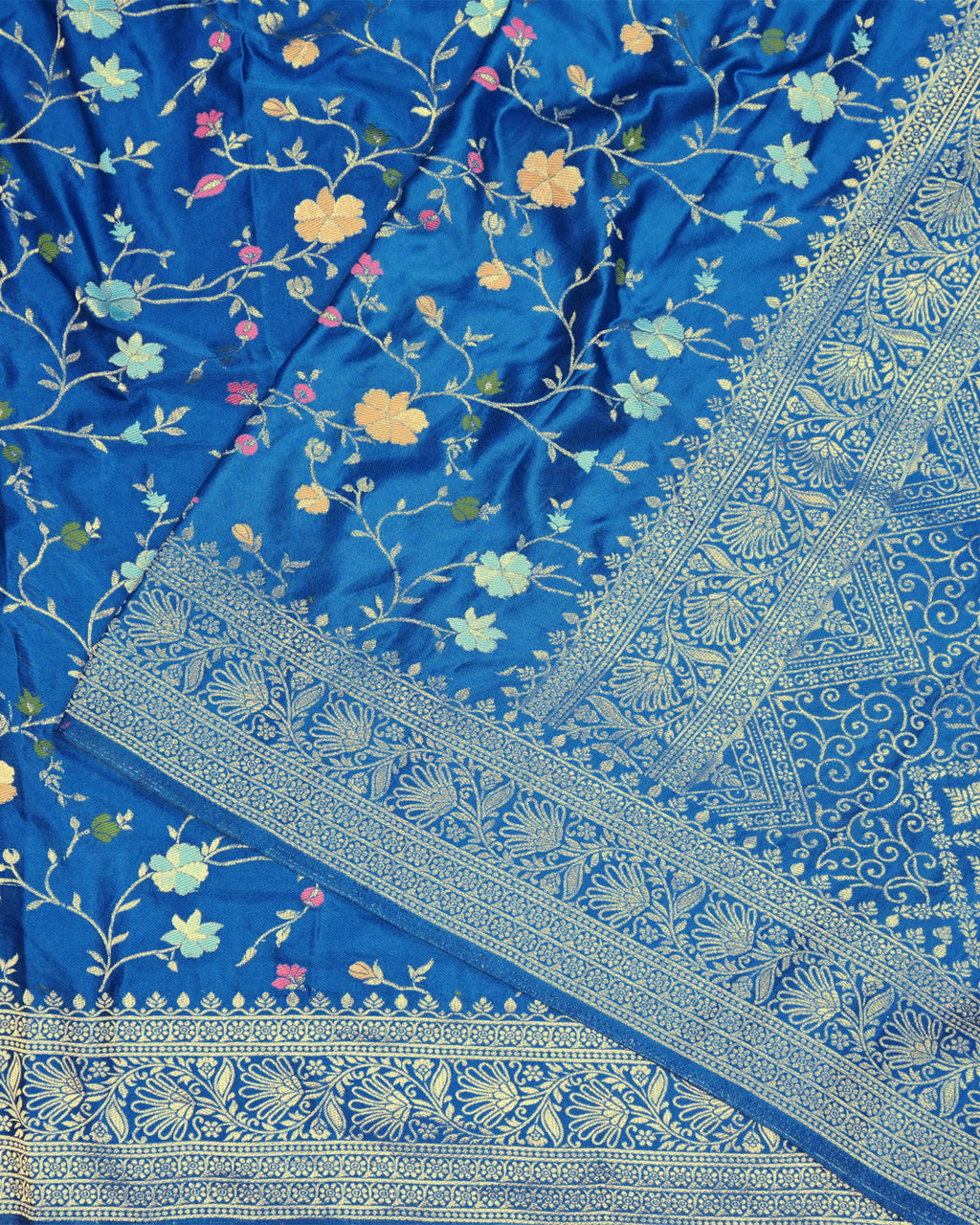 Peacock Blue Banarasi Silk Saree with Floral Vine Jaal with Vibrant Meenakari Weaves