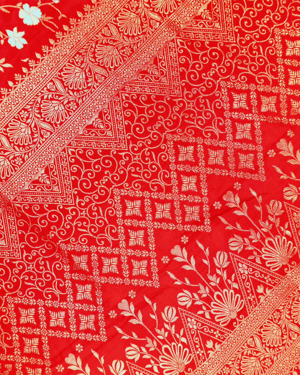 Red Banarasi Silk Saree with All-Over Floral Vine Jaal Weaving with Colorful Meenakari Weaves