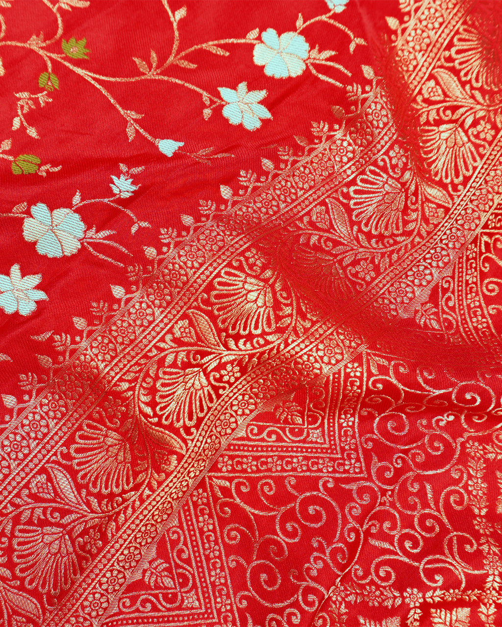 Red Banarasi Silk Saree with All-Over Floral Vine Jaal Weaving with Colorful Meenakari Weaves