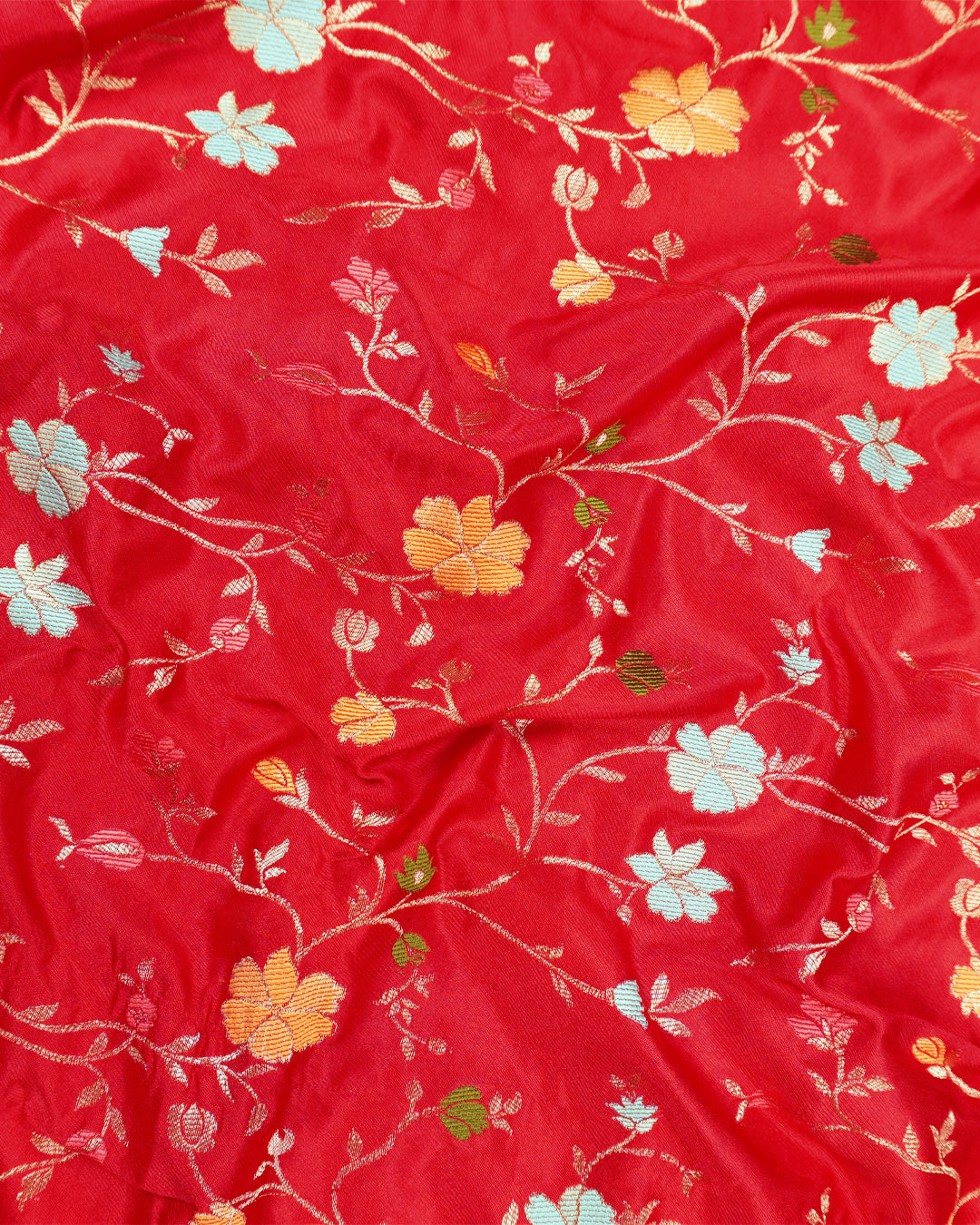 Red Banarasi Silk Saree with All-Over Floral Vine Jaal Weaving with Colorful Meenakari Weaves
