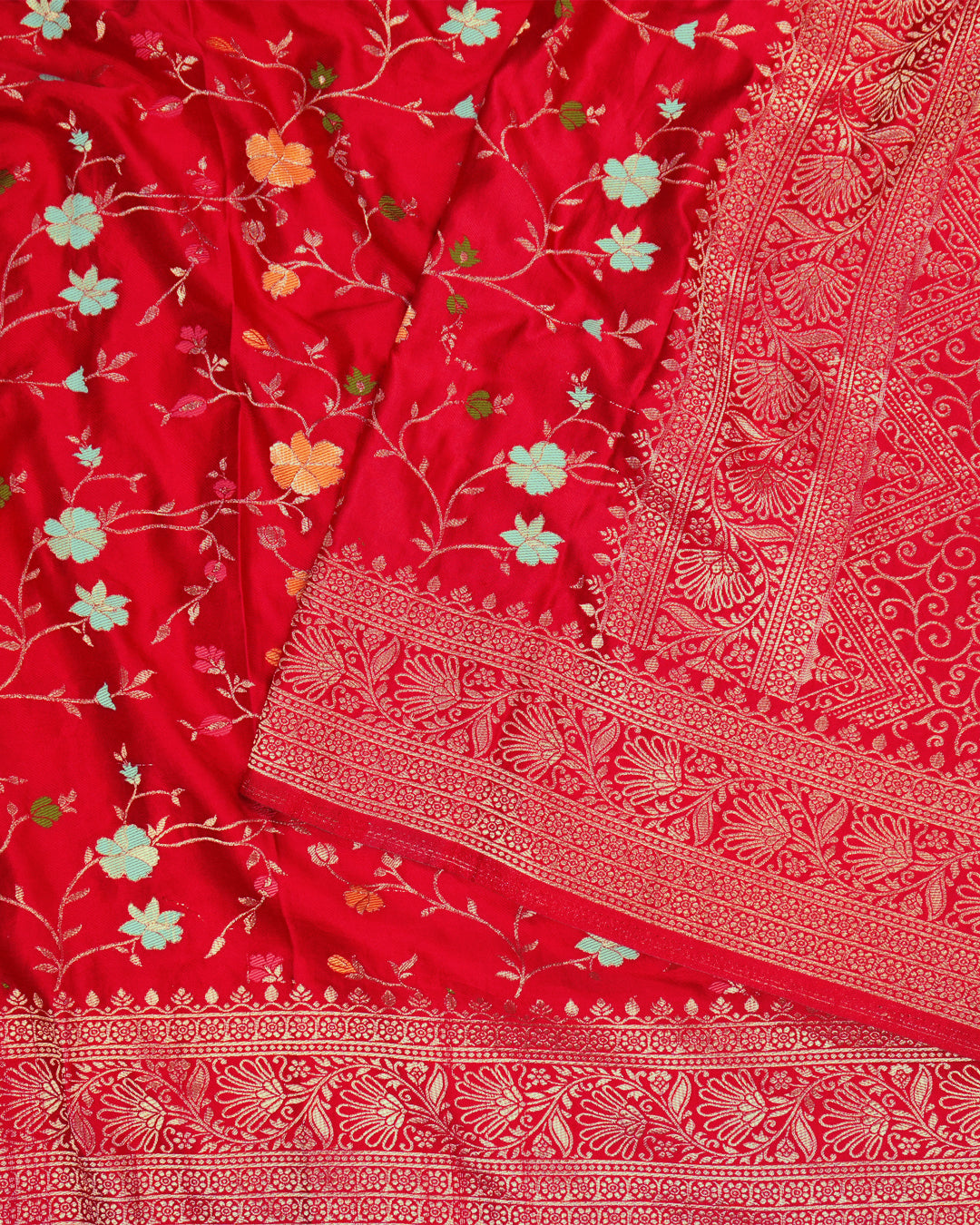 Red Banarasi Silk Saree with All-Over Floral Vine Jaal Weaving with Colorful Meenakari Weaves