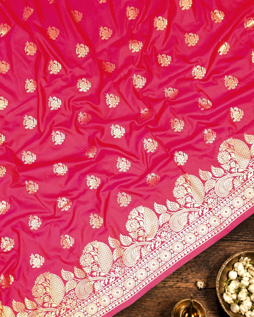 Rani Pink Banarasi Silk Saree with Floral Butas Weaves