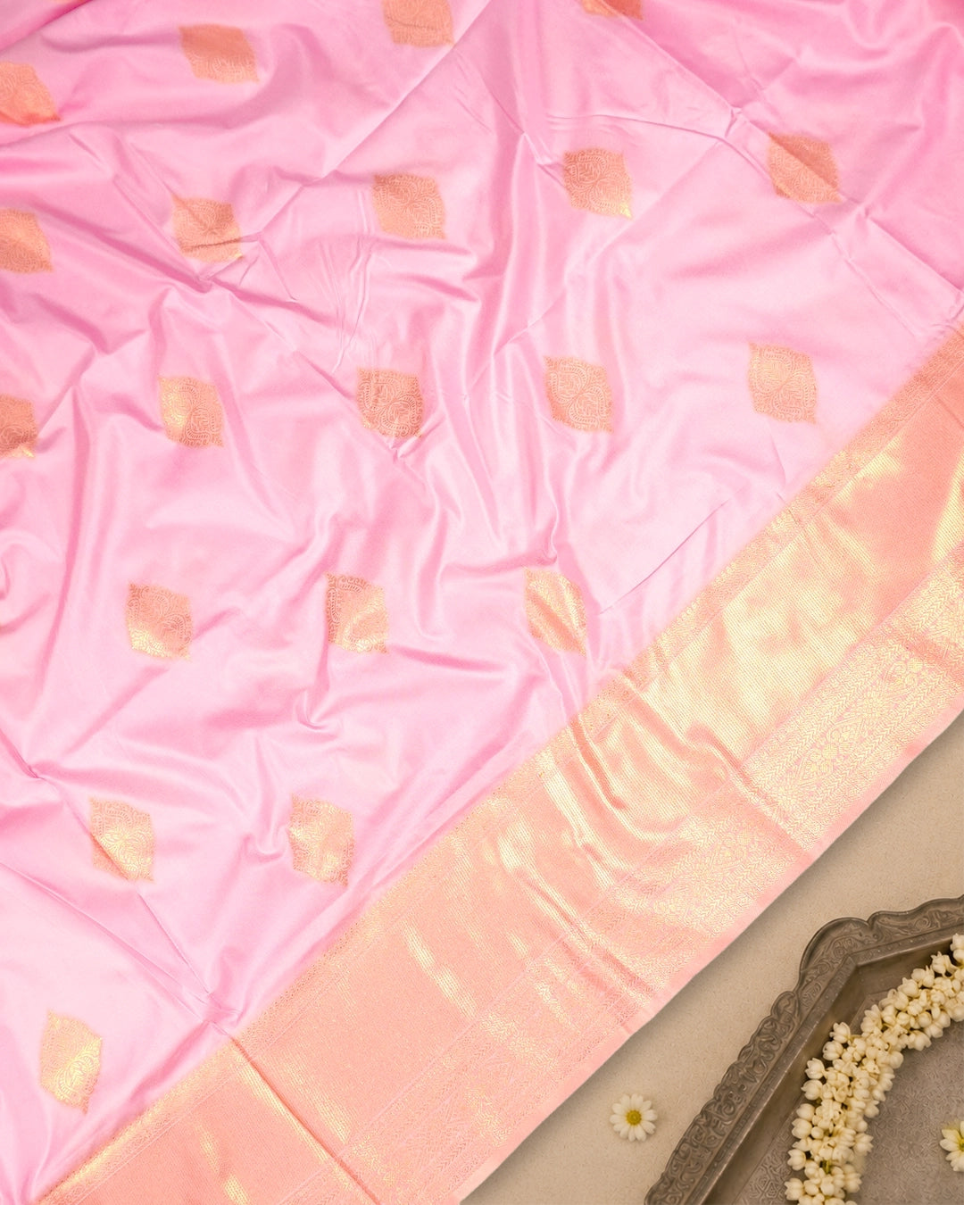 Baby Pink Banarasi Silk Saree with Gold Buti Weaves