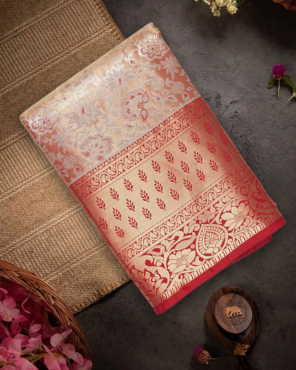 Soft Peach Kanjivaram Silk Saree with Floral Weaving and Paisley Accents