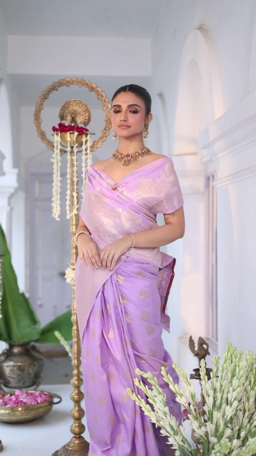 Soft Lavender Banarasi Silk Saree with Floral Weaving and Rich Border