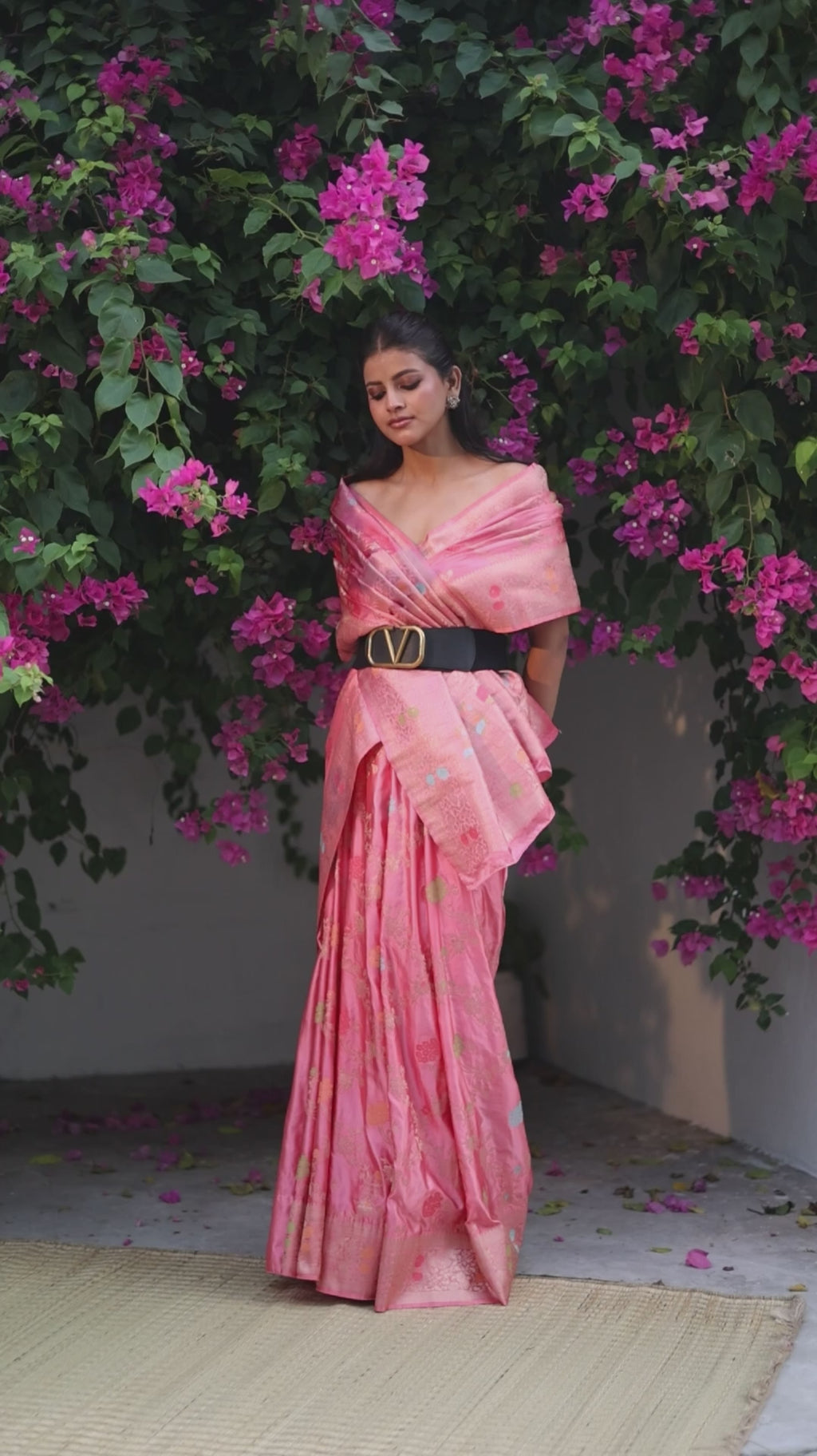 Pastel Pink Banarasi Silk Saree with Meenakari Floral Jaal Weaves