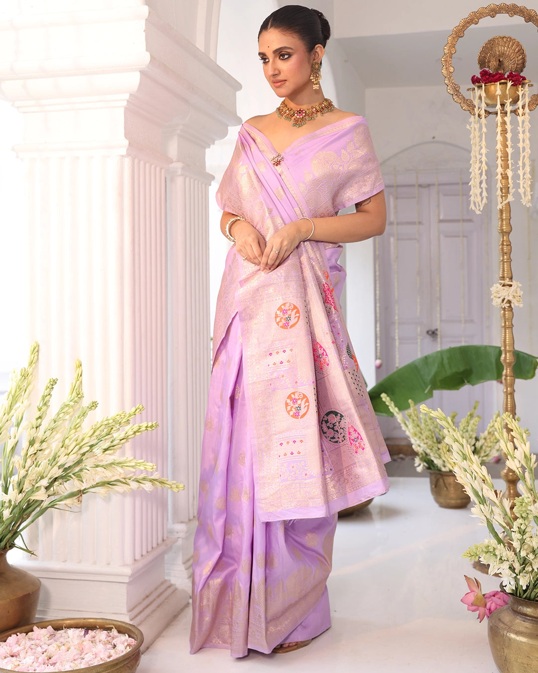 Soft Lavender Banarasi Silk Saree with Floral Weaving and Rich Border