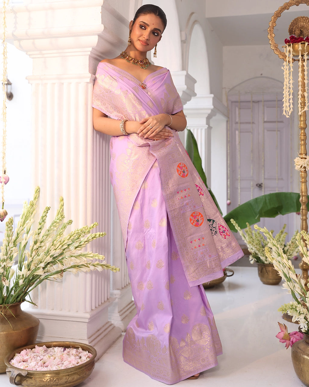 Soft Lavender Banarasi Silk Saree with Floral Weaving and Rich Border