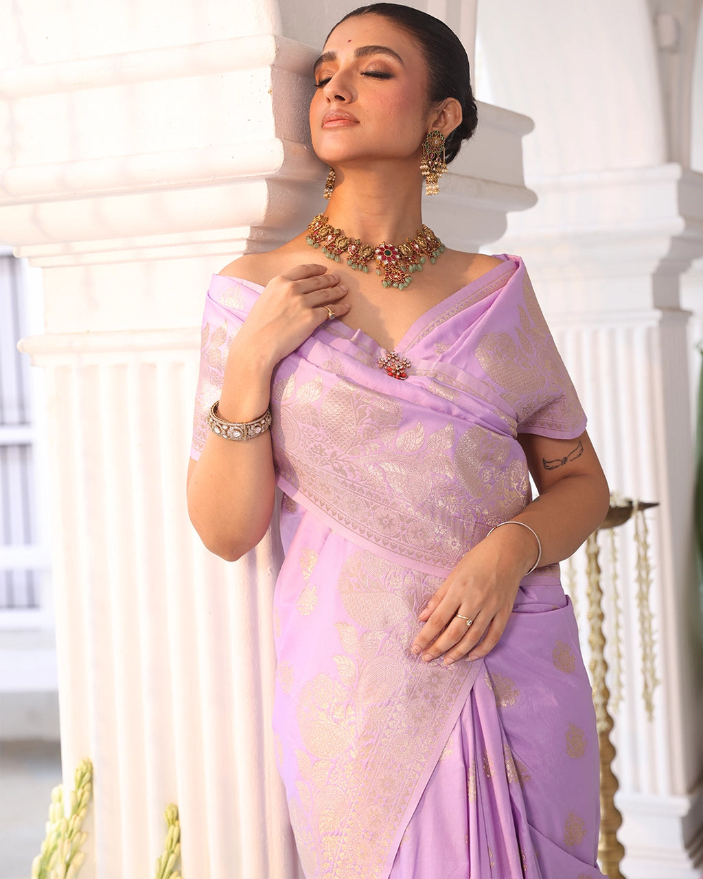 Soft Lavender Banarasi Silk Saree with Floral Weaving and Rich Border