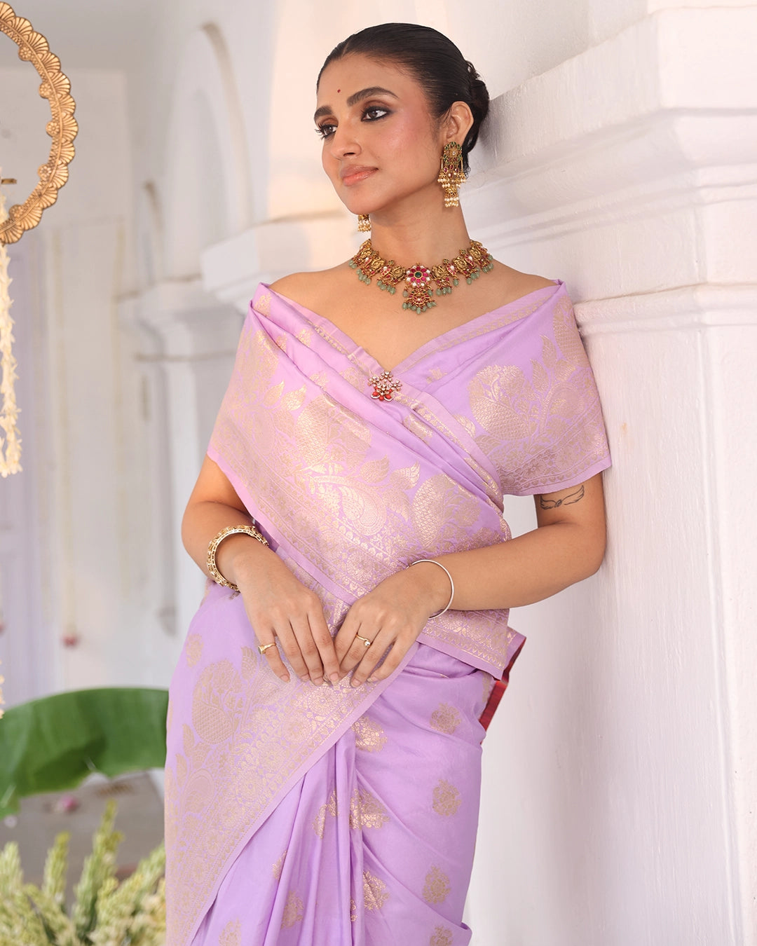 Soft Lavender Banarasi Silk Saree with Floral Weaving and Rich Border