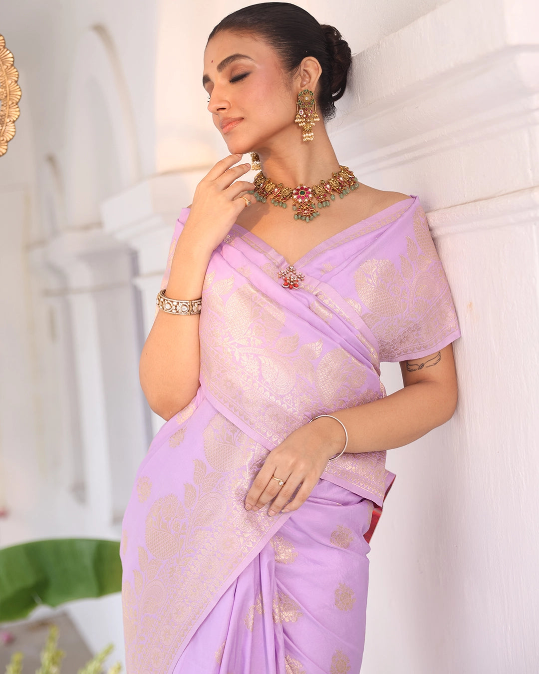 Soft Lavender Banarasi Silk Saree with Floral Weaving and Rich Border