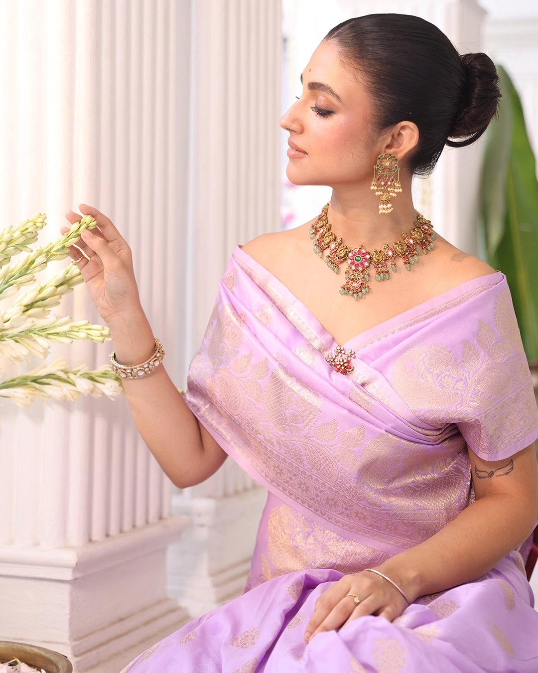 Soft Lavender Banarasi Silk Saree with Floral Weaving and Rich Border