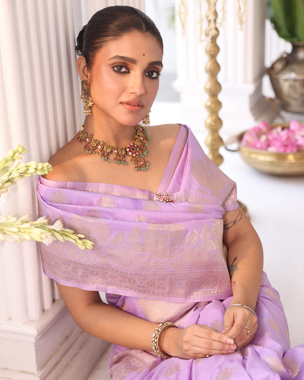 Soft Lavender Banarasi Silk Saree with Floral Weaving and Rich Border