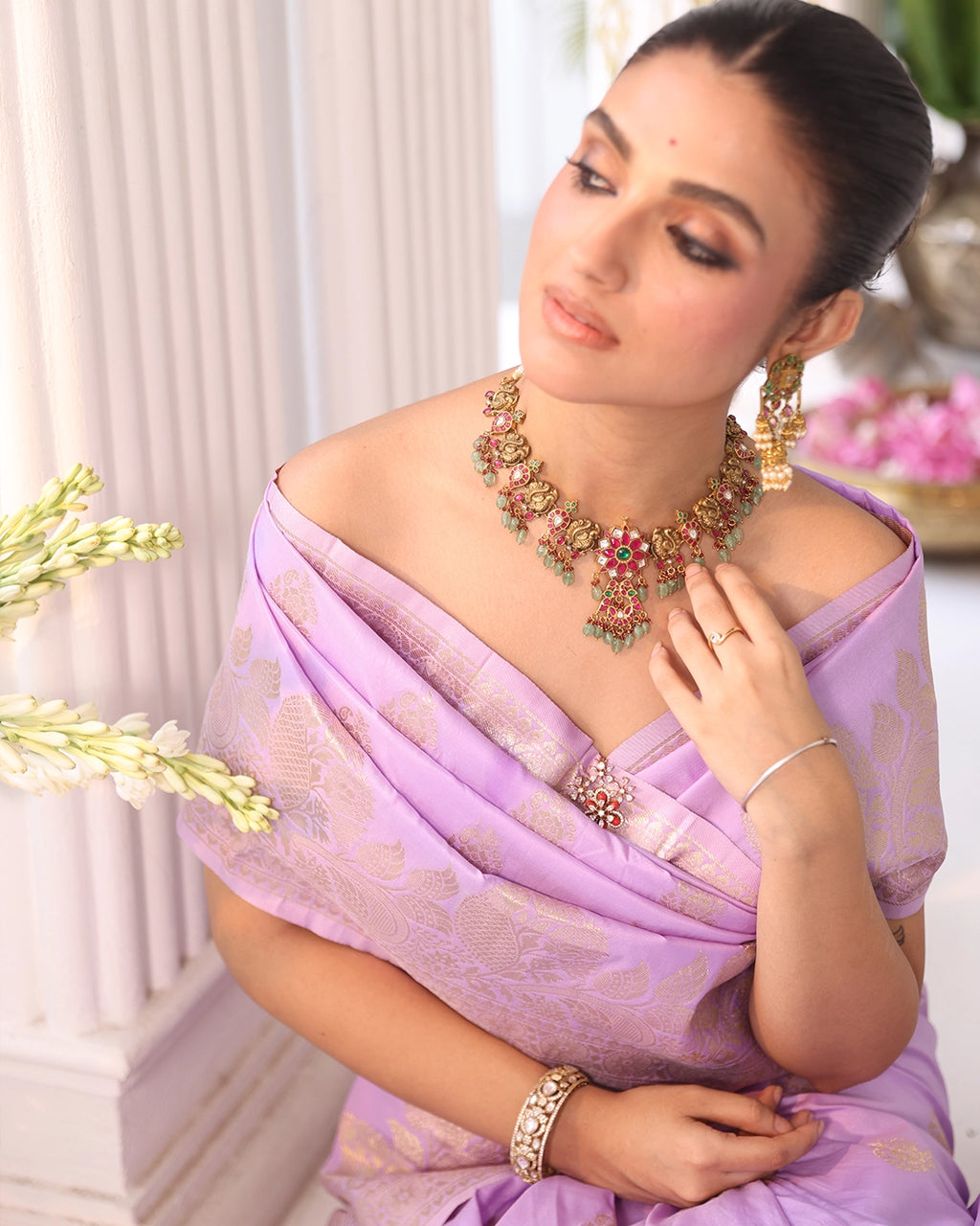 Soft Lavender Banarasi Silk Saree with Floral Weaving and Rich Border