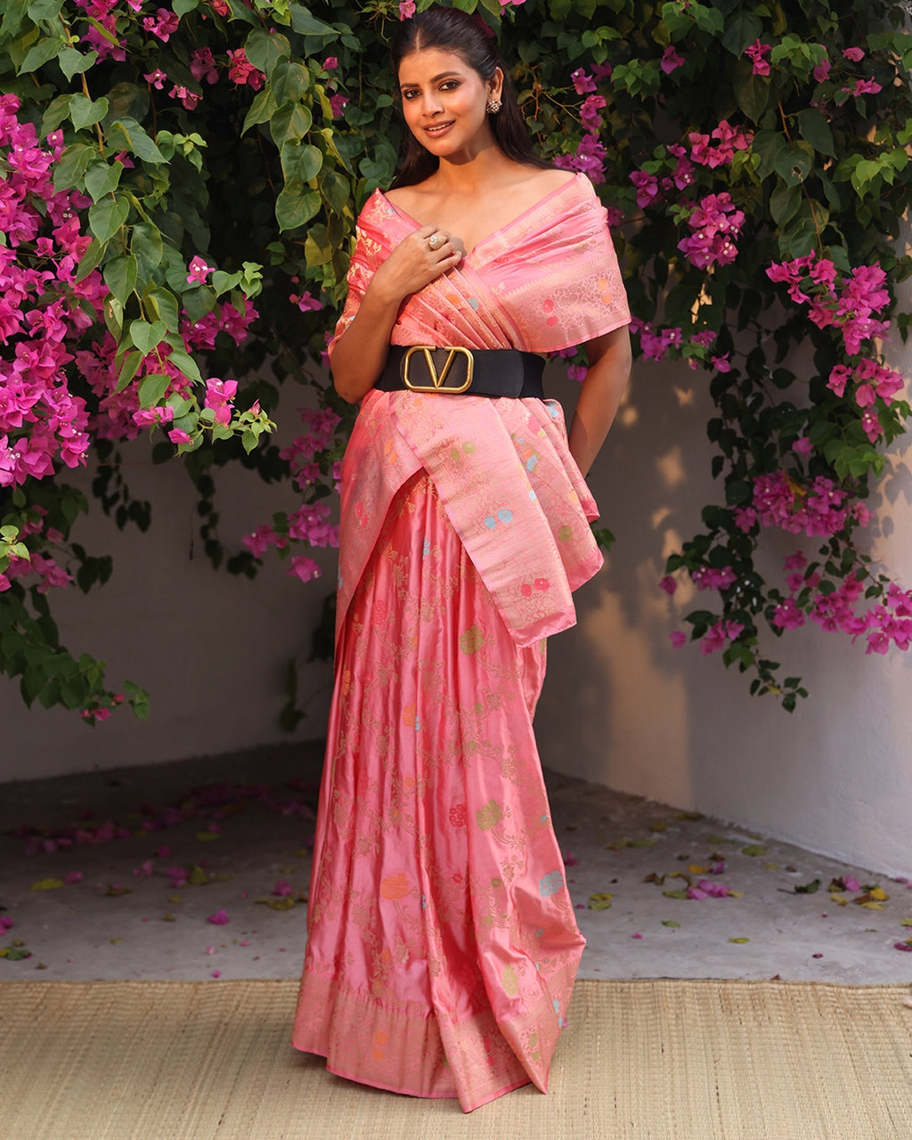 Pastel Pink Banarasi Silk Saree with Meenakari Floral Jaal Weaves