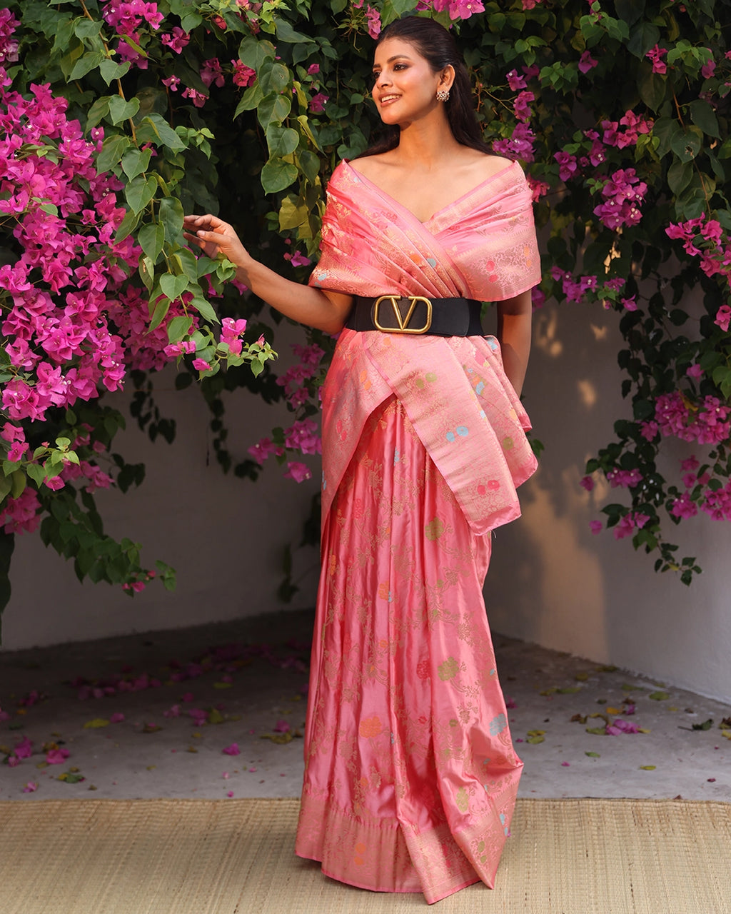Pastel Pink Banarasi Silk Saree with Meenakari Floral Jaal Weaves