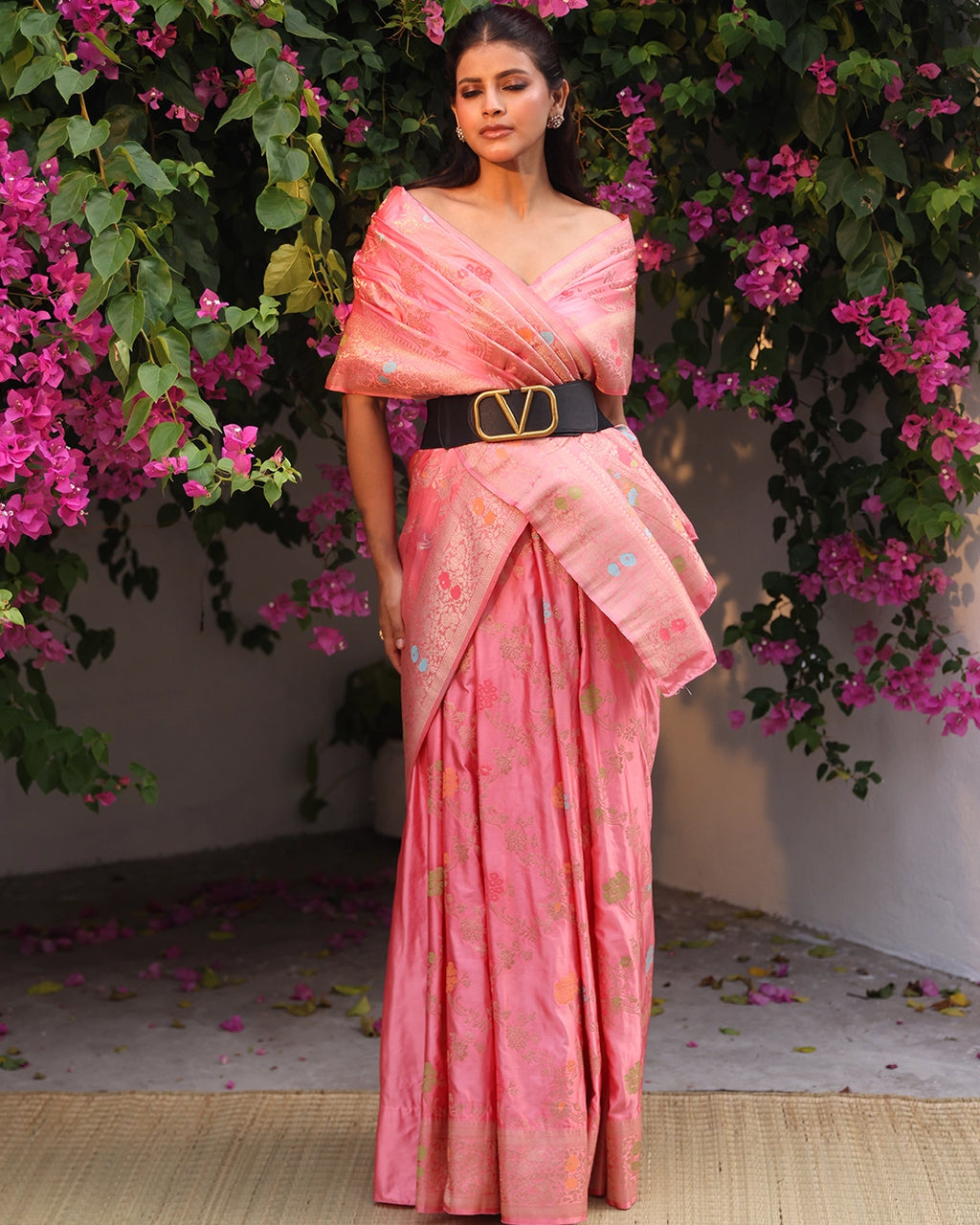 Pastel Pink Banarasi Silk Saree with Meenakari Floral Jaal Weaves