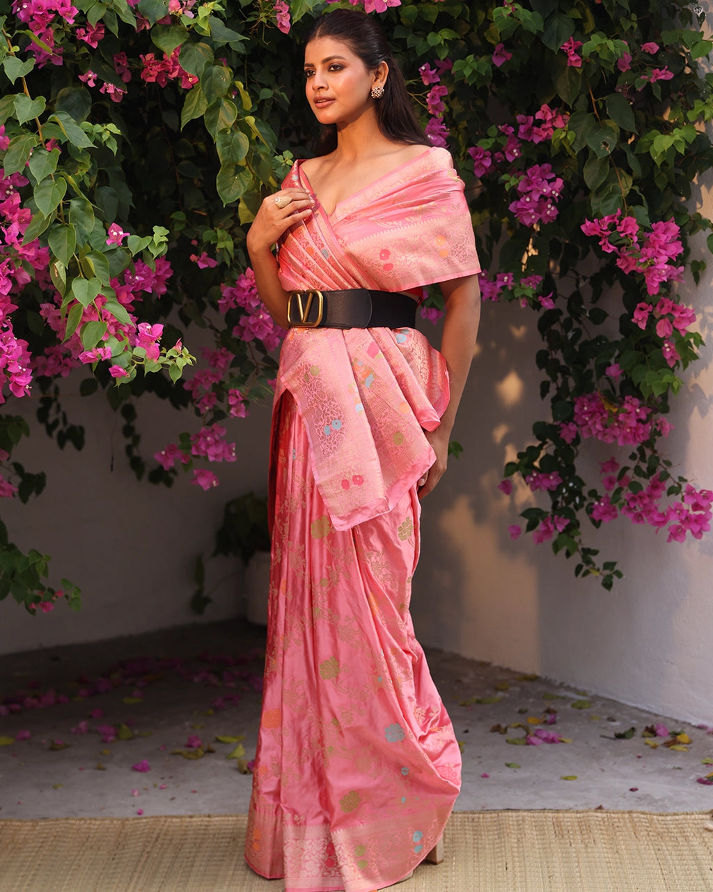 Pastel Pink Banarasi Silk Saree with Meenakari Floral Jaal Weaves