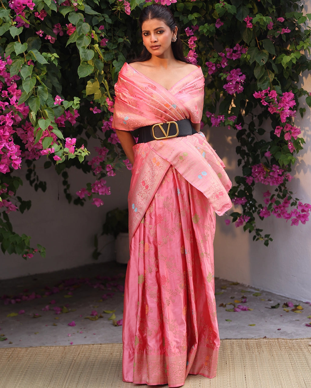 Pastel Pink Banarasi Silk Saree with Meenakari Floral Jaal Weaves