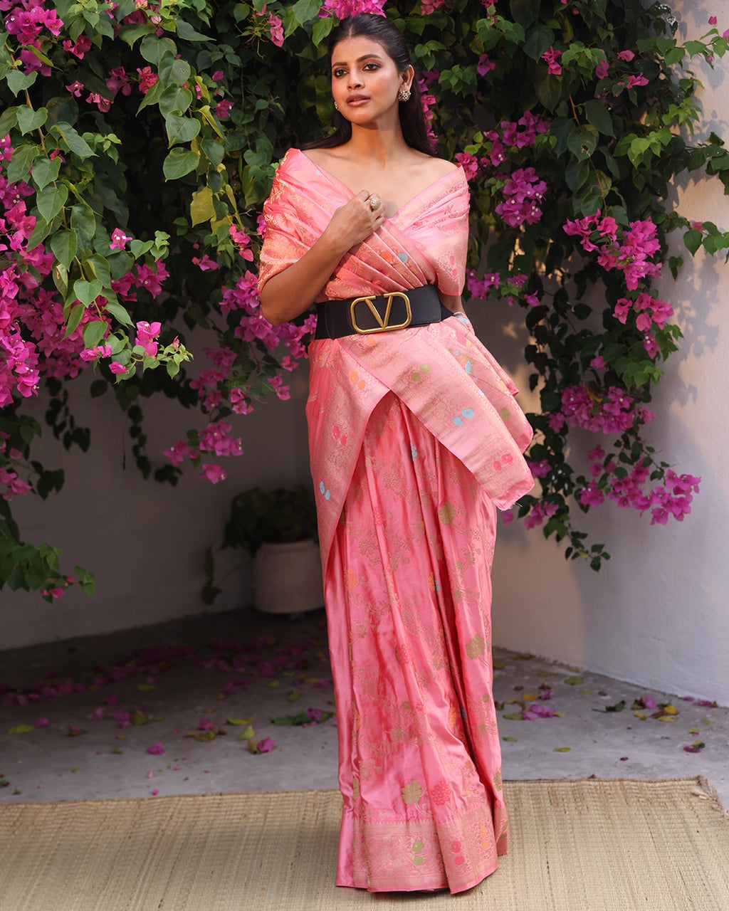Pastel Pink Banarasi Silk Saree with Meenakari Floral Jaal Weaves